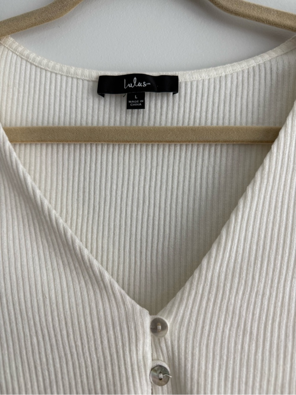 Lulu's Cream Ribbed V-Neck Button Crop Top - Picture 2 of 4